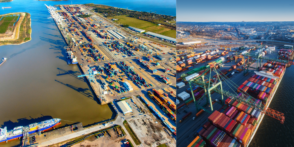 A busy Port of Houston where shipping containers are loading and unloading